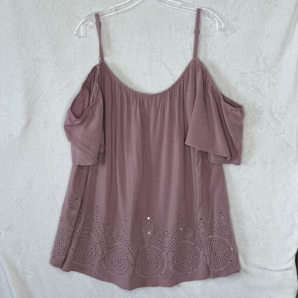 TORRID Women's Challis Eyelet Border Cold Shoulder Blouse Elderberry Size 4X - Picture 4 of 16